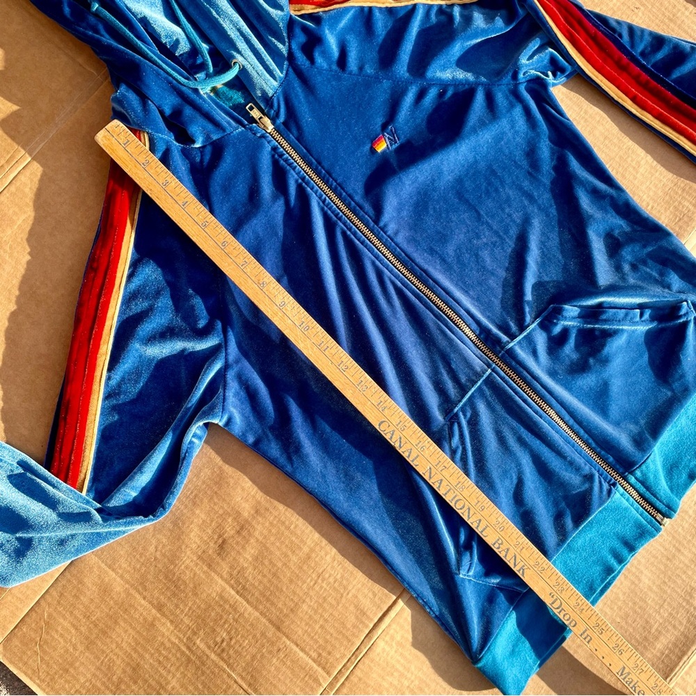 Aviator Nation Turquoise Velvet Full Zip Sweatshirt Hoodie Small Rainbow Stripes - Picture 12 of 13